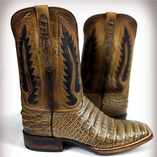 BLACK JACK “ZEBRA CHOCO MINK” CAIMAN BELLY COWBOY BOOTS